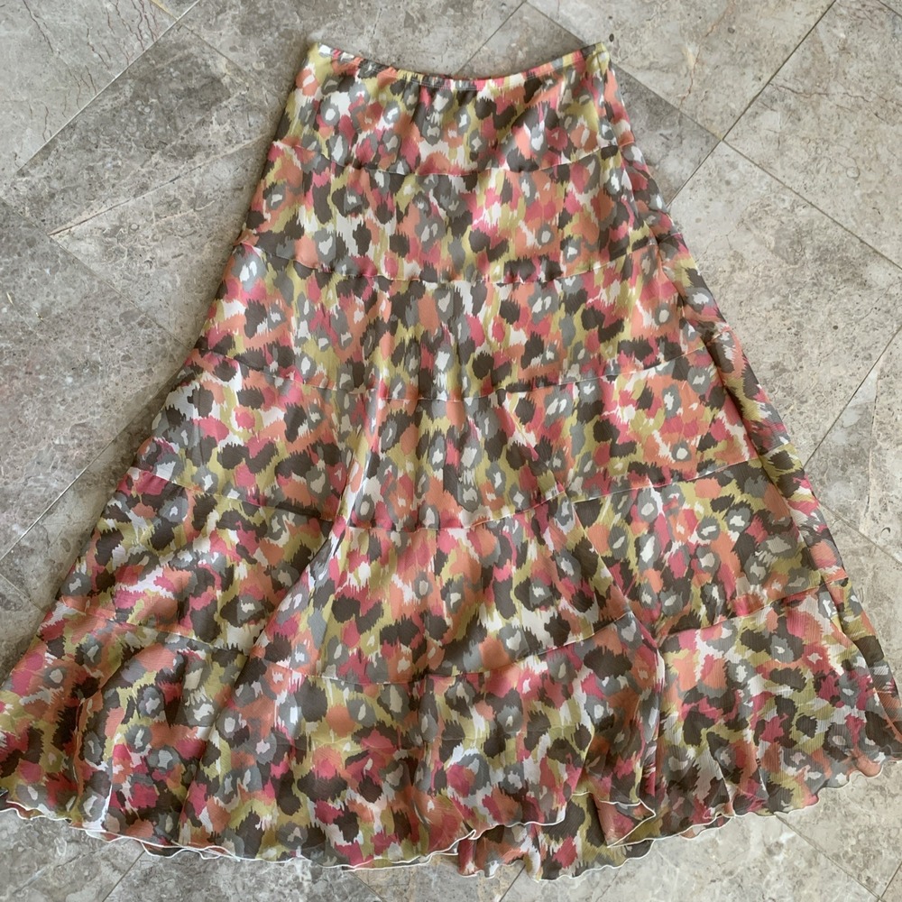 Ruby Rd.  Maxi Skirt Women 8 Orange Yelow Animal Print Peasant Tiered Lined